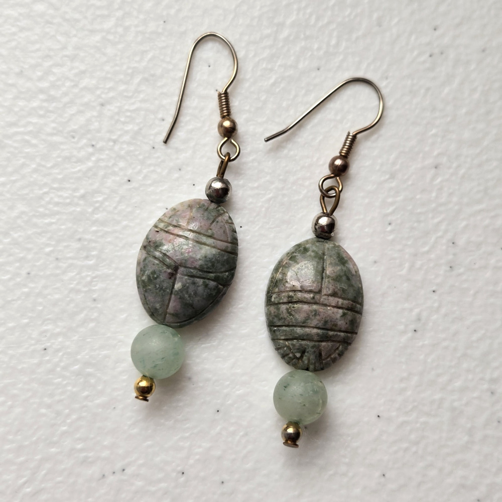 Jade Bead Earrings Carved Scarab Green Pink Gemstone Dangle Boho Southwest Aztec